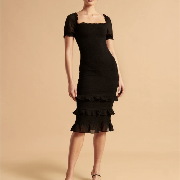Abercrombie & Fitch Dresses Af Black Smocked Puff Sleeve Midi Dress